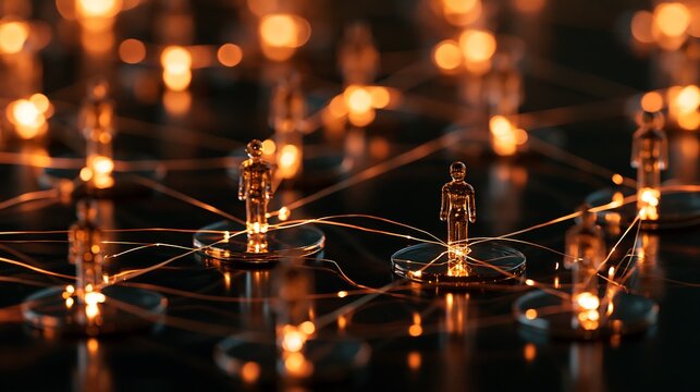 Miniature glass human figures connected by glowing warm golden wire network lines concept.