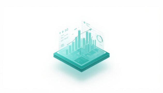 Futuristic isometric data analytics dashboard displaying holographic bar charts and metrics against a white background with business intelligence financial data digital interface tech graphics