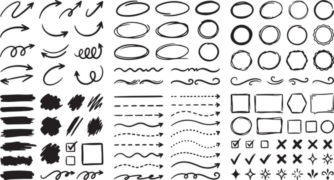 Hand drawn arrow and circle vector set, black ink doodle elements, sketch marker brush strokes for presentation and design