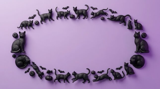 Many black cat figurines arranged in an oval frame on a lilac background