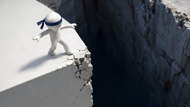 A blindfolded 3D character stands on the edge of a crumbling cliff above a dark abyss.