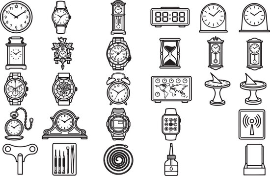 A collection of diverse timekeeping devices, ranging from antique pocket watches and grand pendulum clocks to modern digital alarms and smartwatches, showcases the evolution of measuring time.
