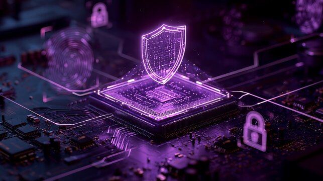 Glowing purple cybersecurity shield icon on computer processor chip for hardware protection.