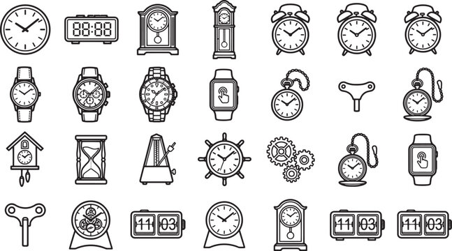 Collection of various timekeeping devices, including clocks, watches, and hourglasses, rendered in a minimalist, graphic style, representing the passage of time.