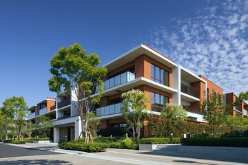 Fototapeta premium モダンな新築マンション外観青空と豊かな緑快適な住環境