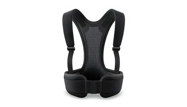 Black posture corrector brace designed for back support and alignment with spine alignment