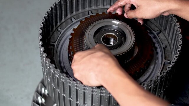 Mechanic assembling transmission friction plate into clutch drum.
