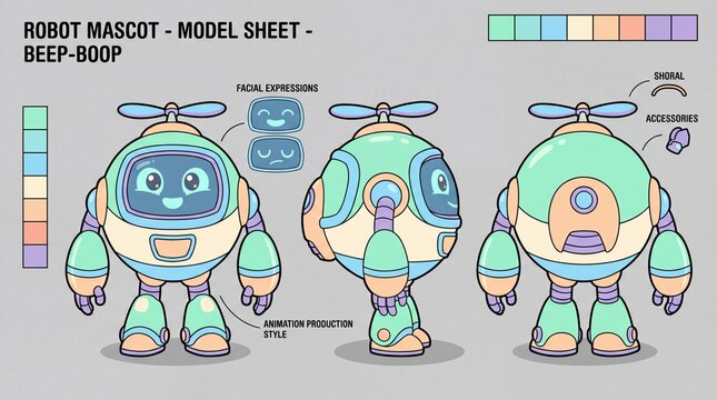 Character model sheet of a cute round robot with propeller in multiple views for animation with back views color palettes propeller front side sheet displays illustration expressions engineering