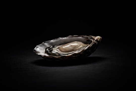 Fresh oyster in open shell displaying creamy interior on dark background with soft lighting highlighting its texture and natural contours.