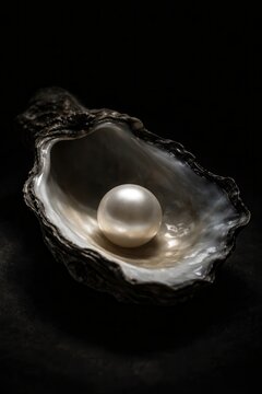 Open oyster shell displaying a lustrous pearl resting inside, set against a dark background highlighting the natural textures and colors of the shell.