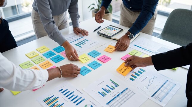 Creative business team collaboration meeting brainstorming ideas with colorful sticky notes and financial reports on white table, planning strategy and project management workflow