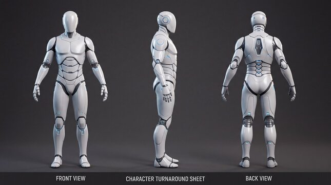 A white humanoid robot character design shown from front side with presented character turnaround turnaround sheet against three dimensional model against dark background intelligence engineering