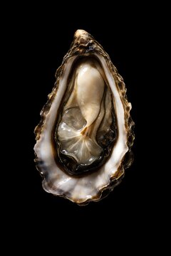 Fresh oyster in open shell displaying creamy interior on dark background with soft lighting highlighting its texture and natural contours