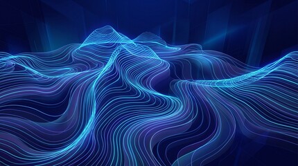 Fototapeta premium Abstract topographic landscape with glowing blue light lines forming a digital terrain surface background with neon contour lines landscape with landscape featuring, visualization, illustration, waves