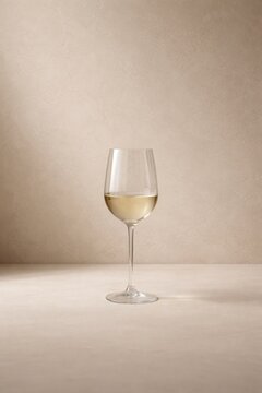 Elegant glass of white wine filled to the brim placed on a smooth surface against a soft beige background, showcasing its clarity and color