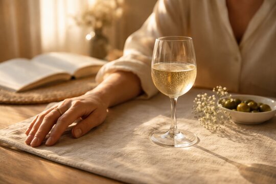 Glass of white wine on wooden table with a woman's hand resting beside it, an open book and bowl of olives in the softly lit background.