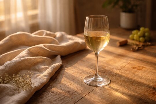 Glass of white wine on wooden table with grapes, cork, and linen cloth, illuminated by soft natural light from nearby window, creating a warm and inviting atmosphere.