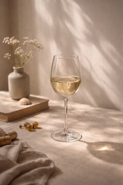 Glass of white wine on wooden table with grapes, cork, and linen cloth, illuminated by soft natural light from nearby window, creating a warm and inviting atmosphere.