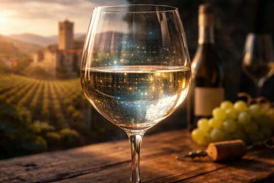 Glass of white wine on wooden table with grapes, cork, and linen cloth, illuminated by soft natural light from nearby window, creating a warm and inviting atmosphere.