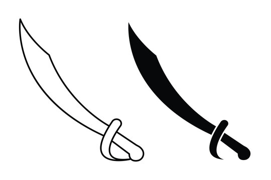 Pirate cutlass and scimitar weapon vector graphic with black silhouette and outline options.