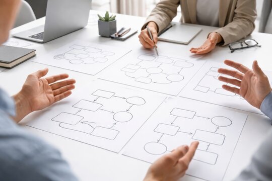 Group of business professionals discussing flowcharts on a wooden table, with notebooks and glasses visible, engaged in a collaborative planning session.