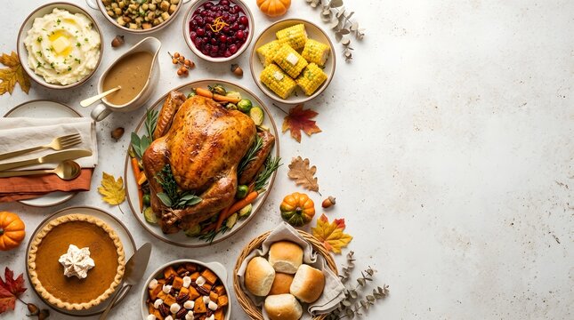 Traditional thanksgiving dinner table with roasted turkey and side dishes