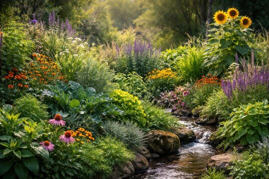 Lush vegetable garden featuring vibrant green plants, colorful flowers, and sunflowers under bright sunlight in a rural outdoor setting.