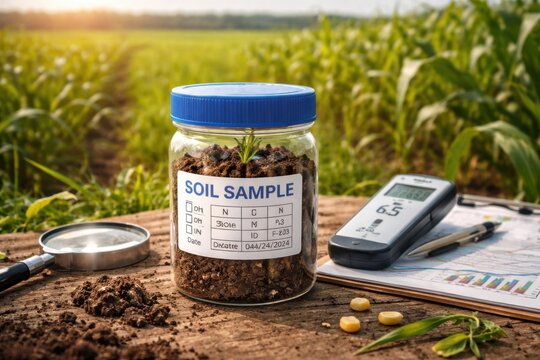 Soil sample jar labeled with pH levels placed on brown soil in a field with green plants, microscope, and clipboard with charts in the background.