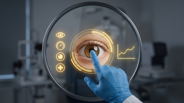 Futuristic digital eye exam with holographic interface, ophthalmologist hand in blue glove touching virtual screen, advanced optometry and vision diagnostic technology concept