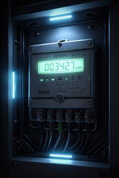 Digital energy meter displaying usage data mounted on a wall with visible electrical connections in a modern industrial setting.
