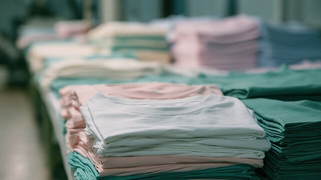 Neatly folded stacks of colorful linen clothes arranged in rows on retail store shelves