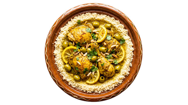Moroccan chicken tagine with couscous isolated on transparent background top view