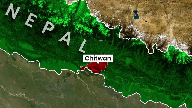 Satellite map footage showing Nepal and the highlighted Chitwan region motion clip