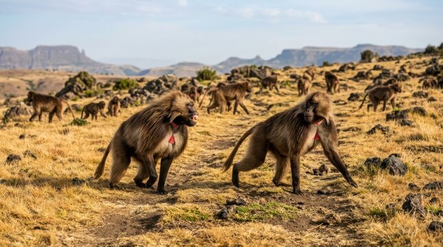 Gelada Baboons in Ethiopian Highlands: A troop of Gelada baboons traverses a rugged, arid landscape in the Ethiopian highlands.