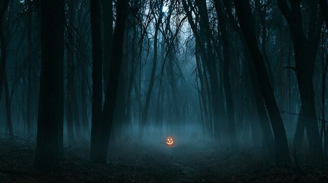 Dense forest shrouded in fog with a glowing jack-o'-lantern on the ground, creating an eerie Halloween atmosphere in a dark woodland setting
