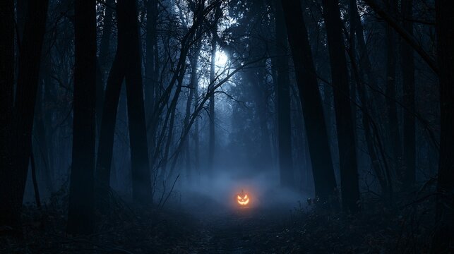 Dense forest shrouded in fog with a glowing jack-o'-lantern on the ground, creating an eerie Halloween atmosphere in a dark woodland setting