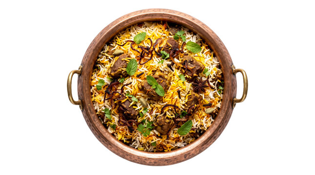 Traditional lamb biryani in copper pot isolated on transparent background