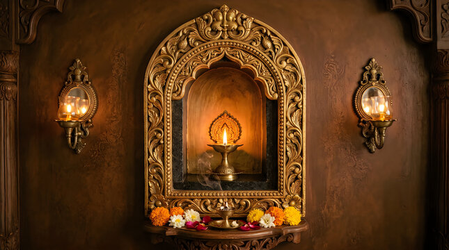 Traditional brass diya oil lamp glowing on wooden shelf with flowers and wall decor.
