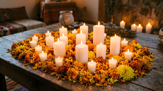 White candles surrounded by orange yellow flowers on wooden table for festive night.