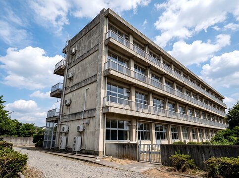 青空と白い雲が広がる古びた地方の廃校のコンクリート校舎