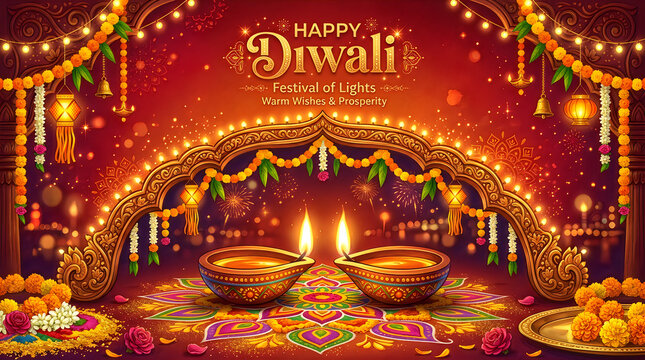 Happy diwali festival of lights warm wishes and prosperity greeting card design with diyas.