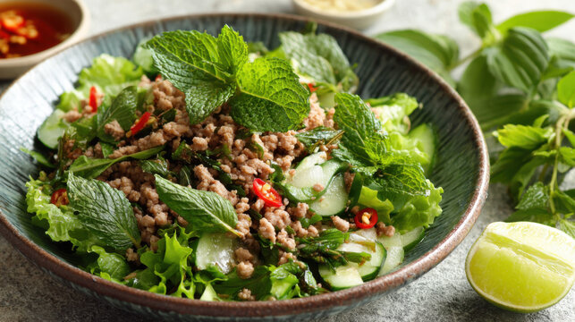 spicy minced pork larb salad with fresh herbs