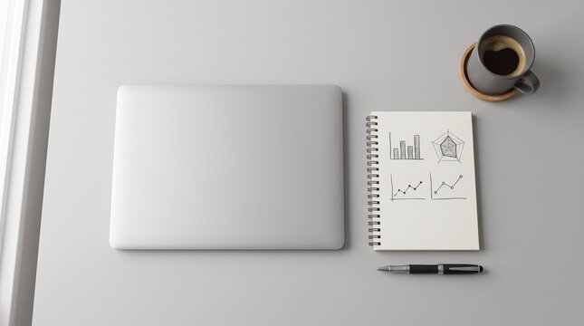 Modern minimalist workspace featuring closed silver laptop, spiral notebook with hand drawn business charts, graphs and data analysis sketches, black pen, cup of coffee on coaster