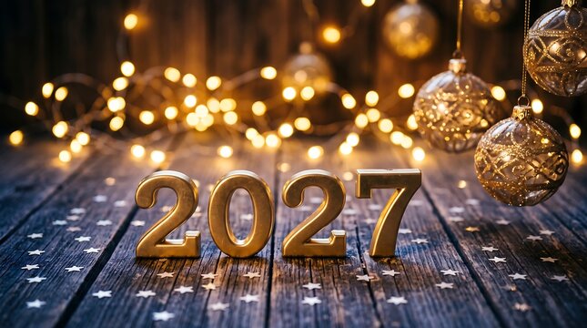 Golden 2027 New Year celebration with ornaments and lights