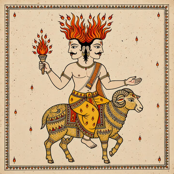 Illustrative depiction of Hindu fire god Agni Deva with two heads and flaming hair riding ram vahana holding torch in traditional Indian miniature painting style
