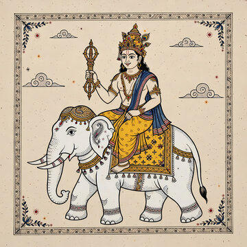 Illustrative depiction of Hindu king of gods Indra Deva riding white elephant Airavata holding mace in traditional Indian miniature painting style