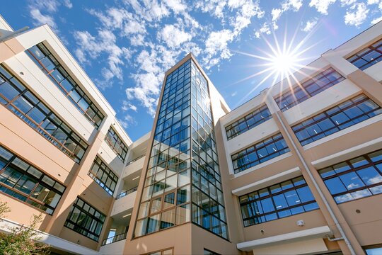 晴れ渡る青空に輝く太陽が美しいモダンな学校の建物