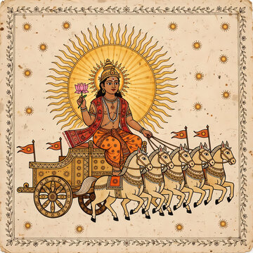 Illustrative depiction of Hindu sun god Surya Deva riding his seven horse chariot holding lotus flower in traditional Indian miniature painting style