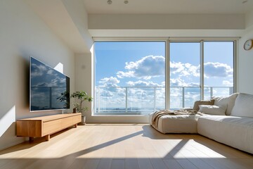 Obraz premium 高層マンションの窓から望む青空が広がる明るいリビングルーム