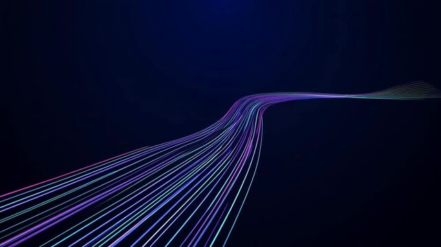 Data stream flowing through cyberspace with glowing fiber optic cables in dark digital network background